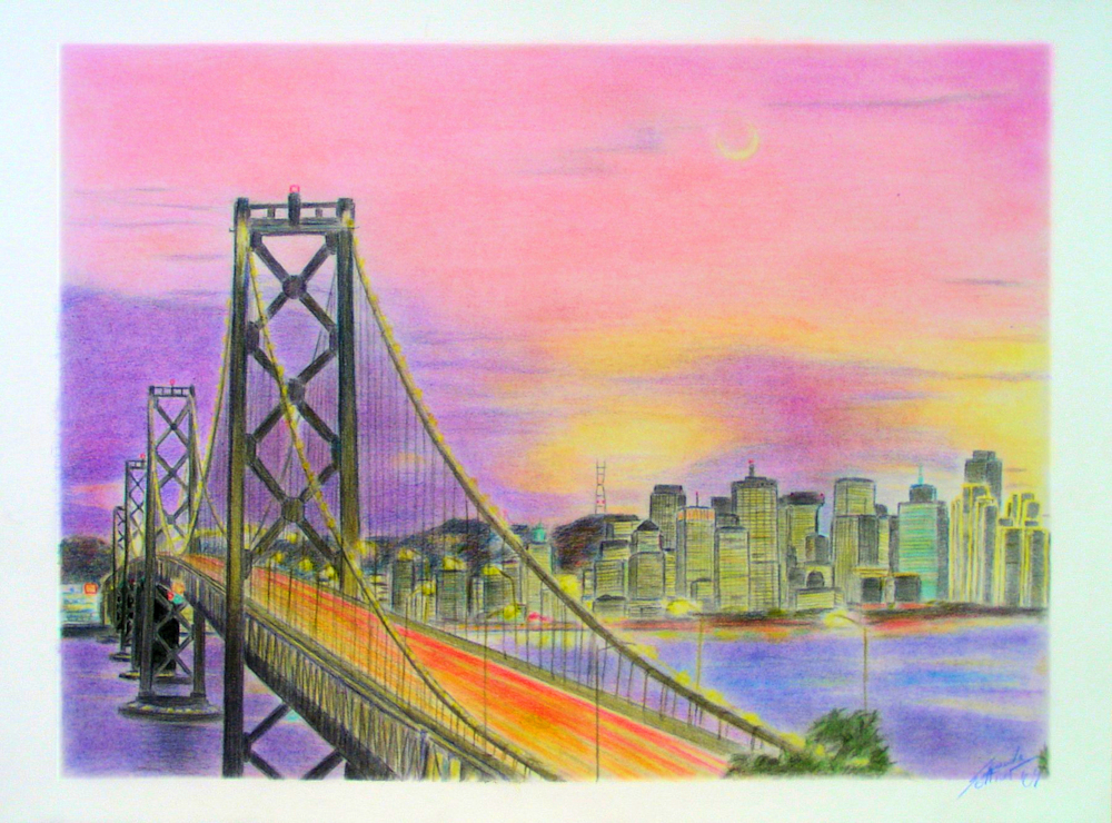 San Francisco Skyline, Colored Pencil Drawing, Farbstiftzeichnung