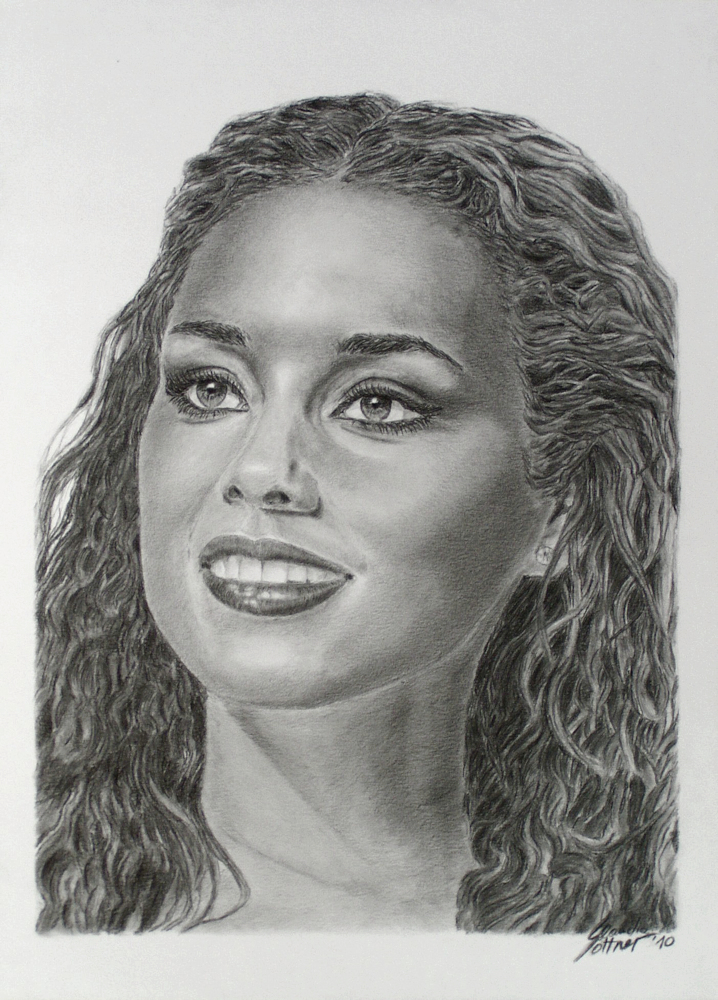 Alicia Keys realistic portrait drawing, Porträtzeichnung