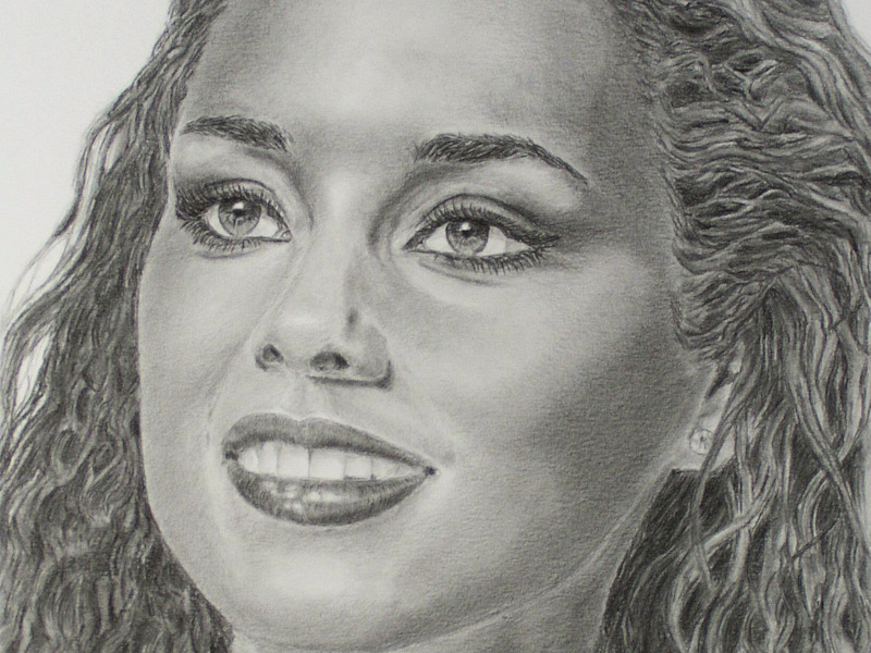 Alicia Keys realistic portrait drawing, Porträtzeichnung